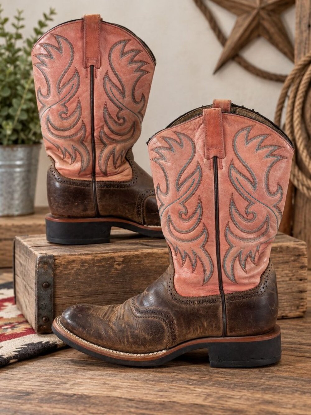 Ariat Brown Pink Western Cowgirl Boot Leather Rodeo Boho Women's 8.5 Style 14551